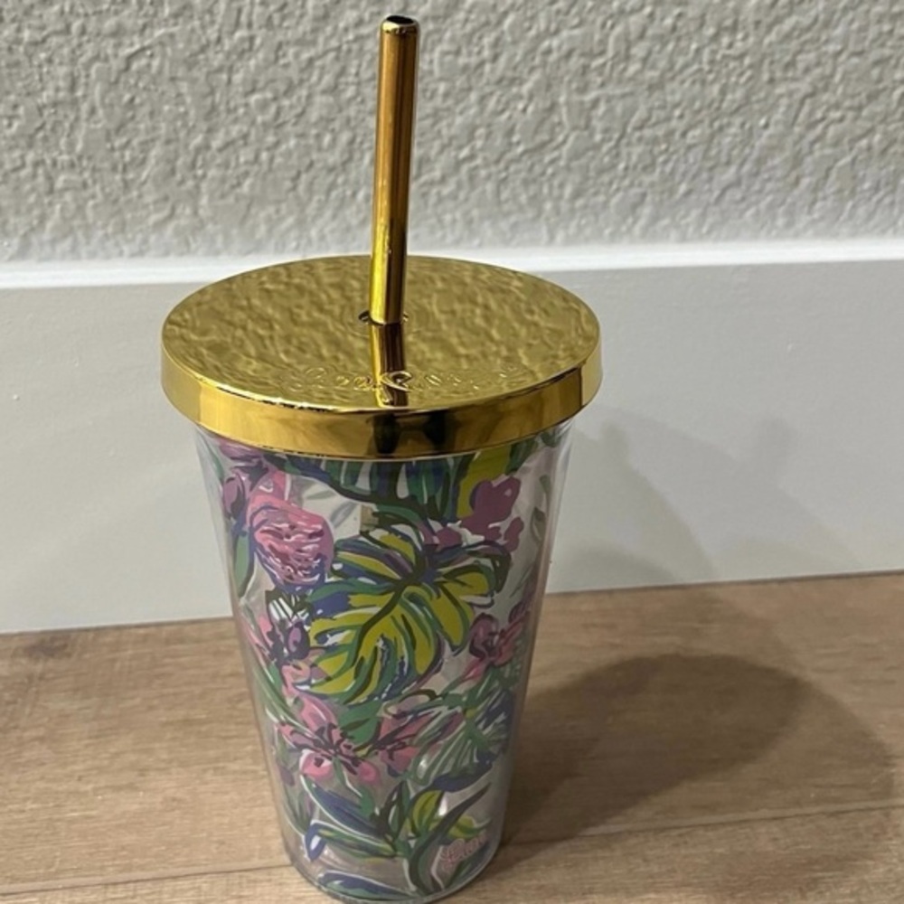 Lilly Pulitzer Travel Tumbler 16oz Gold Lid & Straw Mermaid In The Shade‎ Floral